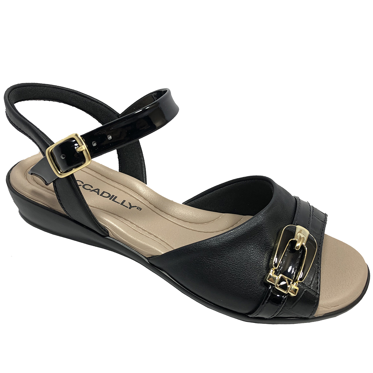 Sandália Piccadilly Conforto Adereço de Metal Preto e Bege - Compre Agora |  Cabana Magazine