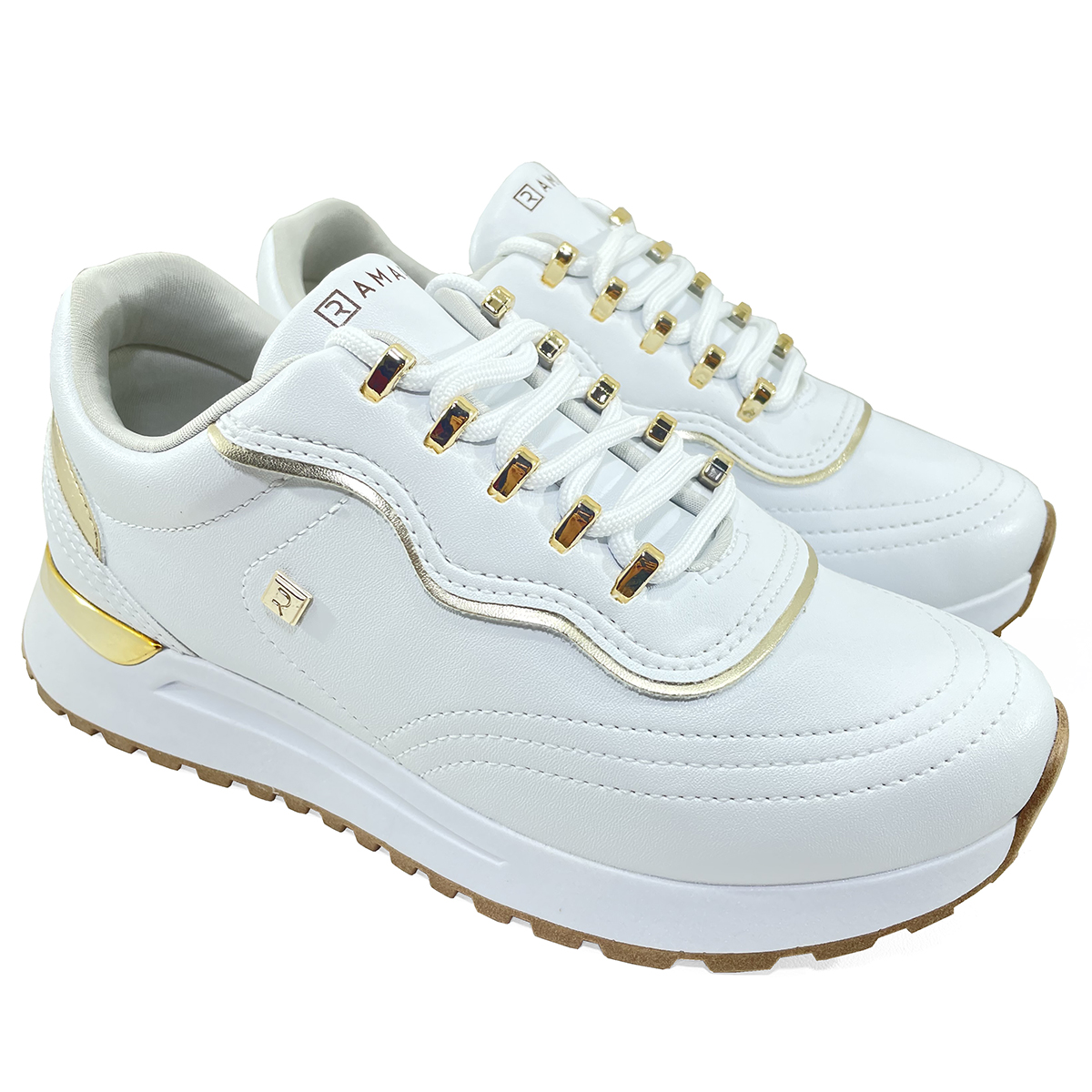 Tênis Ramarim Chunky Costuras Feminino Branco e Dourado - Compre Agora |  Cabana Magazine