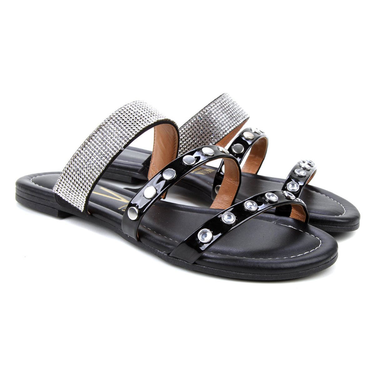 Rasteira Vizzano Multi Tiras Metal E Strass Feminina Preto - Compre Agora |  Cabana Magazine