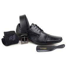 Sapato Couro Rafarillo Executive Cadarço Kit 4 Em 1 - Preto